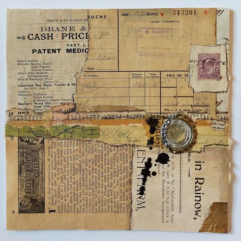 Handmade vintage theme collage, mixed media, genuine vintage papers and ephemera. "In Rainow", mixed media on 20cm x 20cm canvas panel This mixed media collage is made using vintage papers, the soft beige of the papers accented by the small green strip from an old map, and the lilac British postage stamp.  The composition is further enhanced with a splash of black acrylic ink and a rusted metal beer cap. This collage, on a sturdy canvas panel, would add visual interest to any style of room and i Original Collage Art, Beer Cap, Bay Rum, Vintage Papers, Handmade Collage, Rustic Art, Collage Artists, Original Collage, Old Map