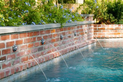 French Country Retreat - Traditional - Pool - Austin - by Vernon Wentz | Houzz Brick Water Feature Pool, Classic Pool Design, Pretty Pools, French Pool, Bossier City Louisiana, Raised Pools, Swimming Pool Fountains, Traditional Pool, Pool Features