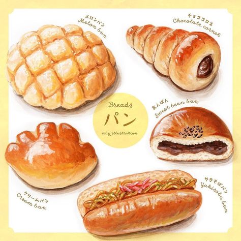 Melon Bun, Red Bean Bun, Melon Bread, Food Art Painting, Studying Food, Foodie Art, Bread Art, Food Artwork, Food Cartoon