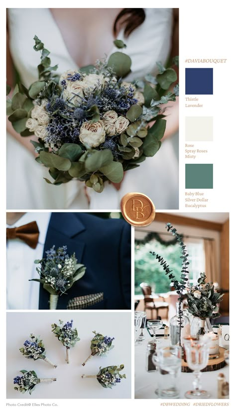 Navy Blue And Deep Green Wedding, Deep Blue And Sage Wedding, Pine Green And Navy Wedding, Safe And Navy Wedding, Dark Green Navy Blue Color Palette, Navy Blue White Green Color Palette, Thistle Centerpiece Wedding, Thistle Wedding Theme, Forest Green Spring Wedding