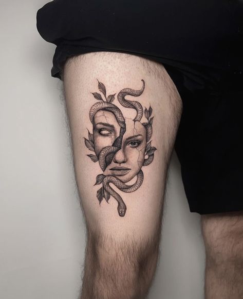 Hiding Behind A Mask Tattoo, Tattoo For Independent Women, Many Faces Tattoo, Detailed Patchwork Tattoo, Two Faces Tattoo Woman, Statue Head Tattoo, Twoface Tattoo, Portrait Tattoo Ideas Faces, Feminine Skull Tattoos For Women