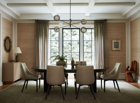 dinning room with grasscloth walls Modern Tudor, Banquette Seating, Interior Design Portfolio, Architectural Features, Formal Dining Room, Luxury Interior Design, Built Ins, Design Company, Dining Room Furniture