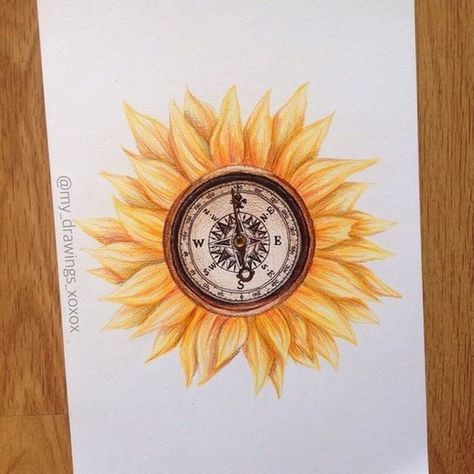 sunflower-compass-tattoo-ideas-pencil-drawing-white-paper-wooden-table Compass Tattoo Design, Sunflower Tattoos, Arrow Tattoo, Sunflower Tattoo, Dream Tattoos, Trendy Tattoos, Piercing Tattoo, Love Tattoos, Compass Tattoo