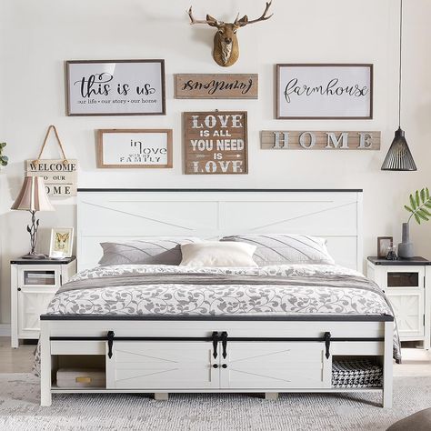 Barn Door Storage, Wood Bed Frame Queen, Farmhouse Bed Frame, Bed Frame Queen Size, King Platform Bed Frame, Bed Frame Queen, King Size Platform Bed, Full Bed Frame, King Size Bed Frame