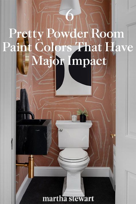 An interior designer shares the best paint colors for any sized powder room to suit whatever home decor style you have. Click here to see the best moody, calming, neutral, and happy paint colors that are perfect for any powder room. #paintcolors #marthastewart #paintideas #paintcolorideas #bestpaintcolors #homeinspiration Happy Paint Colors, Paint Small Bathroom, Small Room Wallpaper, Statement Powder Room, Small Toilet Decor, Small Guest Bathroom, Powder Room Paint Colors, Pink Powder Room, Small Bathroom Paint Colors