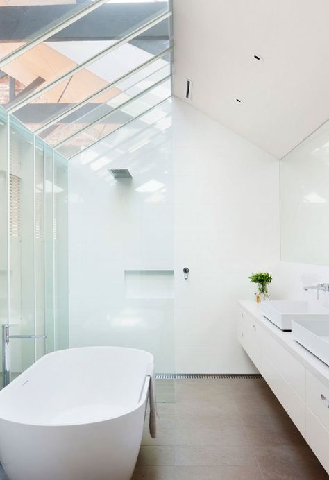 Open Bathrooms, Water Factory, Converted Warehouse, Open Bathroom, Melbourne Suburbs, Rooftop Design, Roof Trusses, Roof Window, Space Photos