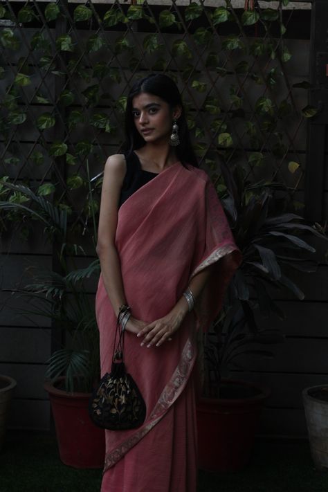 Pink and black can never go wrong Black And Pink Saree, Pink Cotton Silk Pre-draped Saree For Diwali, Pink Art Silk Pre-draped Saree For Festivals, Bohemian Pink Pre-draped Saree, Pink Tussar Silk Pre-draped Saree For Festivals, Black Saree, Saree, Pink, Black