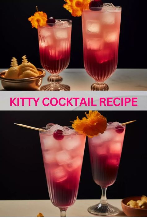 Kitty Cocktail Recipe, Kitty Cocktail, Cat Cocktail, Cherry Syrup, Types Of Cocktails, Unique Drink, Lemon Lime Soda, Grapefruit Juice, Maraschino Cherry