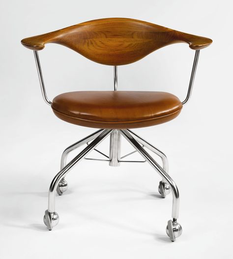 Hans J. Wegner  SWIVEL CHAIR, MODEL NO. 502  teak, leather upholstery and stainless steel  designed 1955 Steel Architecture, Hans J Wegner, Shell Chair, Swivel Office Chair, Furniture Details, Steel Design, Wood Surface, Leather Seat, Swivel Chair