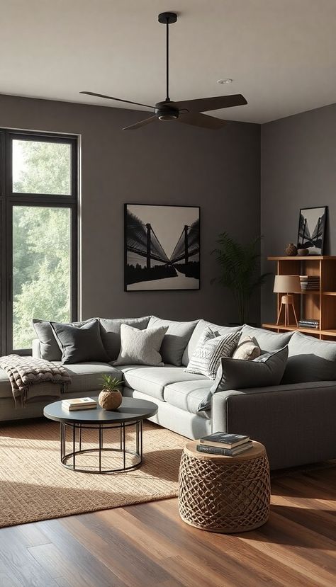 19 Grey Couch Living Room Ideas for a Unique Home Aesthetic - DIYCozy: Nails, Decor, DIY, Gardening, Holidays Charcoal Grey Couch, Grey Couch Living Room Ideas, Office Decor Workplace, Rv Living Room, Dark Grey Couches, Couch Living Room Ideas, Loveseat Sleeper Sofa, Sleek Coffee Table, Grey Couch