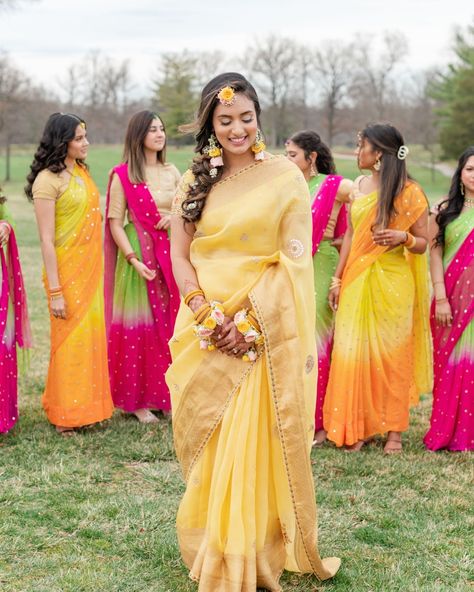 In celebration of their Gaye Holud, where the vibrant yellow of turmeric takes center stage, our couple chose this radiant hue as their backdrop with pops of orange and pink planning @eventsbykhatera photography @juliasummersphotography decor @radiantdecor #gayeholud #weddinginspiration #fusionwedding #holud #culturalwedding #mehndi #southasianweddings #southindianbride #weddinginspo #weddingcolors #bridesmaids #2025bride Holud Bride, Gaye Holud, Fusion Wedding, South Asian Wedding, South Indian Bride, Center Stage, Wedding Inspo, Wedding Colors, Real Weddings