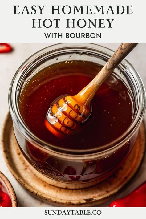 Super Easy Homemade Bourbon Hot Honey Homemade Hot Honey, Over Fried Chicken, Pizza Waffles, Homemade Bourbon, Hot Honey Recipe, Mango Iced Tea, Fall Eats, Honey Bourbon, Fried Chicken Tenders