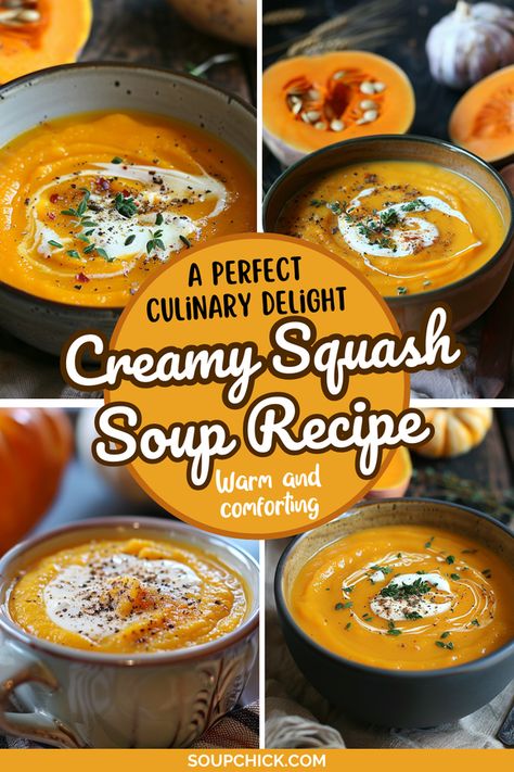 Creamy Squash Soup brings a warm and comforting bowl of rich flavors Squash And Cauliflower Soup, Creamed Squash Recipes, Cream Of Squash Soup, Creamy Squash Soup, Spaghetti Squash Soup, Squash Recipes Soup, How To Make Squash, Roasted Squash Seeds, Squash Soups