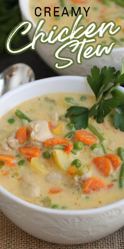 This CREAMY CHICKEN STEW recipe is super simple to make and tastes great. With chicken, potatoes, sweet potatoes and plenty of vegetables in a creamy broth, this stew is comfort food heaven! #chickenrecipe #chickenstew #creamychickenstew #creamystew #stewrecipe Chicken Stew With Potatoes, Veg Stew, Chicken Broth Soup, Stew Recipes Crockpot, Creamy Chicken Stew, Chicken Potato Soup, Chicken Vegetable Stew, Chicken Thights Recipes, Chicken Stew Recipe