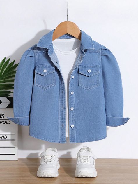 Medium Wash Casual Collar Long Sleeve Denim Plain Shirt Embellished Non-Stretch  Young Girls Clothing Infant Boy, Camisa Jeans, Plain Shirt, Plain Shirts, Jean Top, T Shirt And Jeans, Jean Shirts, Girl Top, Girls Clothing