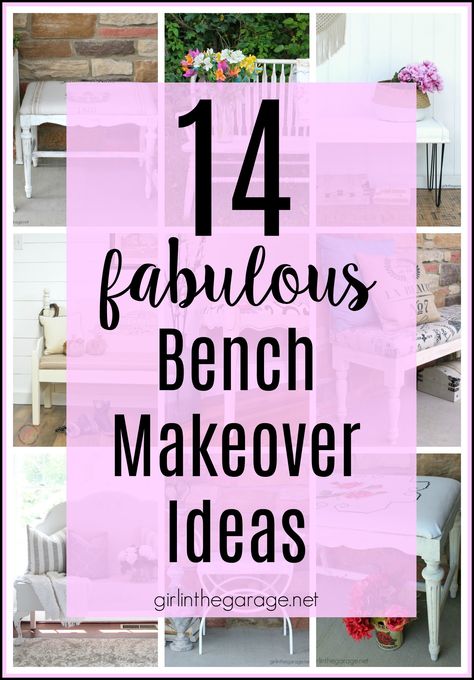 14 Creative DIY bench makeover ideas for your next thrifty furniture makeover project. Tips for upholstery, wood, headboard, and stenciled benches. DIY furniture makeover and decor ideas by Girl in the Garage. Benches Diy, Deacons Bench, Bench Makeover, Front Porch Bench, Foyer Bench, Diy Bank, Stool Makeover, Painted Benches, Old Benches