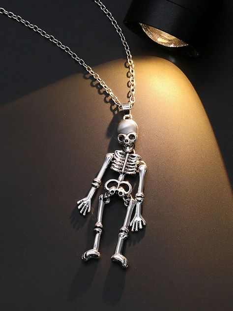 Gothic Dark Necklace Punk Style Statement Silver One Size Skeleton Necklace, Creative Necklace, Halloween Retro, Magnetic Necklace, Rock Necklace, Skull Pendant Necklace, Halloween Necklace, A Skeleton, Couple Necklaces