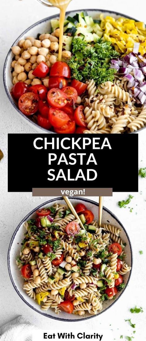 Chickpea Pasta Salad, Protein Pasta Salad, Vegetarian Pasta Salad, Lemon Vinaigrette Dressing, Summer Pasta Salad Recipes, Mediterranean Chickpea, Mediterranean Pasta Salads, Vegan Pasta Salad, Cold Pasta Salad Recipes