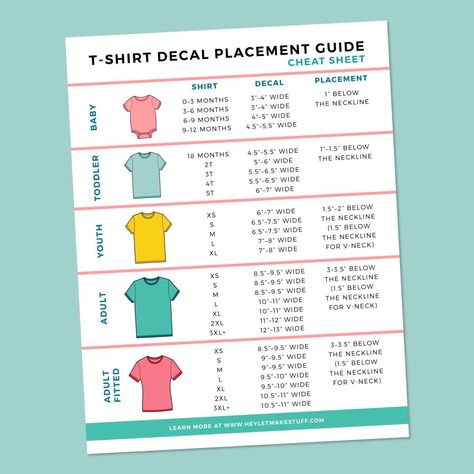 Cricut Shirt Size Guide, Cricut Vinyl T Shirt Ideas, Tshirt Sizing Chart For Vinyl, Design Sizes For T Shirts, Cricut Shirt Placement Guide, Tshirt Decal Sizing, Shirt Guide For Vinyl, Graphic Placement On Shirt, Tshirt Size Guide For Vinyl