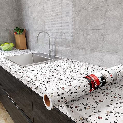 Contact Paper Countertop, Peel And Stick Countertop, Wallpaper For Kitchen Cabinets, Grey Textured Wallpaper, Kitchen Cabinets And Backsplash, Wallpaper For Kitchen, Terrazzo Wallpaper, Terrazzo Wall, Bathroom Vanity Drawers