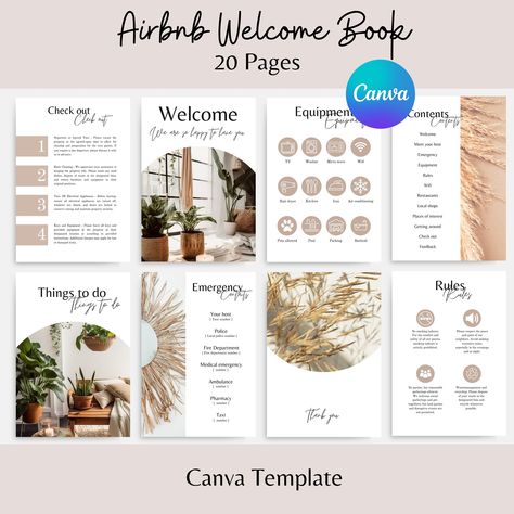 Welcome Book Template, Airbnb rental welcome booklet, Airbnb Welcome Guide, Editable on Canva, House manual, Superhost, Host signs, Signage, VRBO Vacation Rental    ★ Are you looking for a quick and easy way to upgrade your Airbnb ?   This Airbnb Book Template will help you gather all your important informations to ensure your guests have the best stay possible !   Stop repeating the same informations over again by using this super cute booklet !  ★ Your guests will love it !  They will have acc Airbnb Booklet, Air Bnb House, Sheet Storage, Airbnb Welcome Book, Airbnb House, Real Estate Education, Airbnb Rentals, Facebook Templates, Air Bnb