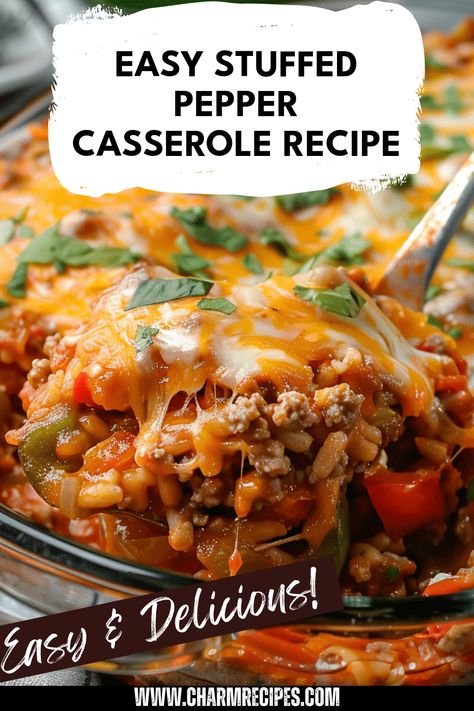 Discover an easy and delicious Stuffed Pepper Casserole recipe that’s perfect for family dinners or weeknight meals. This comforting dish combines seasoned beef, fragrant rice, and fresh bell peppers all baked together in a rich tomato sauce. It's excellent as a satisfying main course any time of the year! Plus, it's a great way to get veggies into your meals without the fuss. Perfect for meal prep, you can easily enjoy leftovers throughout the week. Try this simple recipe and enjoy a delightful hassle-free cooking experience! Rice And Peppers, Bell Pepper Casserole, Pepper Casserole, College Cooking, Easy Stuffed Peppers, Stuffed Pepper Casserole, Bell Pepper Recipes, Stuffed Pepper, Appetizers Easy Finger Food