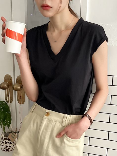 Black Casual  Cap Sleeve Polyester Plain  Embellished Slight Stretch  Women Tops, Blouses & Tee Black V Neck Tshirt Outfits, V Neck Tshirt, Cup Sleeves, Cap Sleeve Tee, Casual Cap, Tee Outfit, Tshirt Outfits, Women T Shirts, Women Tops