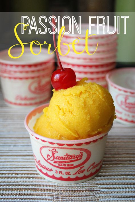 Passionfruit Sorbet Recipe, Frozen Passion Fruit Recipes, Passion Fruit Sorbet Recipes, Passion Fruit Puree Recipes, Passionfruit Sorbet, Fruit Sorbet Recipe, Passion Fruit Ice Cream, Passion Fruit Sorbet, Passion Fruit Puree