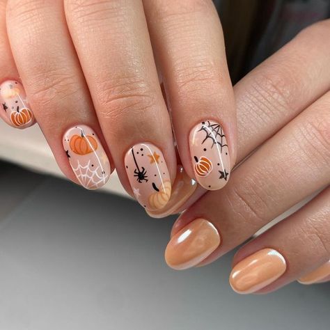 Fall Nail Decals, Libra Fall Nails, Halloween Luminary Nails, Caramel Apple Nails, Neutral Pumpkin Nails, Autumn Pumpkin Nails, Fall Nails Nail Art, Nail Designs How To, Short Mushroom Nails