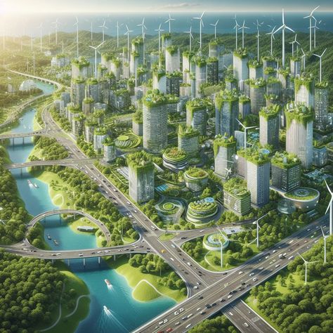 Solarpunk Town, Future City Concept, Green Skyscraper, Earthship Home Plans, Futuristic Landscape, Urban Spaces Design, Tropical Houses Architecture, City Skylines Game, Agriculture Design