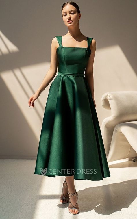 Mid Length Satin Dress, 50s Wedding Guest Dress, Silk Tea Dress, Satin Cocktail Dress Classy, Cocktail Dress Satin, Square Neck Line Dress, 50s Bridesmaid Dress, Square Neck A Line Dress, Mid Dress Formal