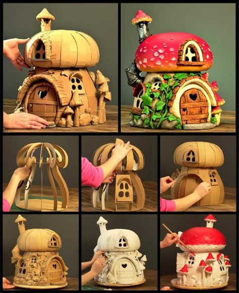 Cardboard Art Sculpture, Fairy House Crafts, Clay Fairy House, Mushroom Crafts, Fairy House Diy, Fairy Garden Crafts, Candyland Christmas, Cardboard Sculpture, Clay Fairies