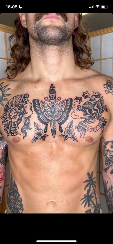 Traditional Full Body Tattoo, American Traditional Chest Tattoo Men, Western Chest Tattoo Men Ideas, Flower Chest Tattoo Men, Traditional Tattoo Chest, Sternum Tattoo Men, Traditional Tattoo Torso, American Traditional Chest Tattoo, Traditional Chest Tattoo