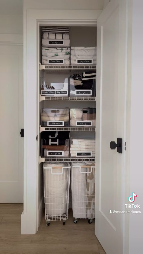 Turn Closet Into Linen Closet, Hamper In Linen Closet, Organization Ideas For Linen Closet, Big Linen Closet, Linen Storage In Master Closet, Linen Closet Master Bath, Elfa Linen Closet, Linen Closet Dimensions, Open Shelf Linen Closet