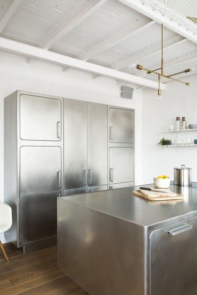 Metal Kitchen Cabinets, Stainless Steel Kitchen Cabinets, Steel Kitchen Cabinets, Stainless Steel Backsplash, Stainless Kitchen, Stainless Steel Cabinets, Cabinet Ideas, Metal Kitchen, Loft Design