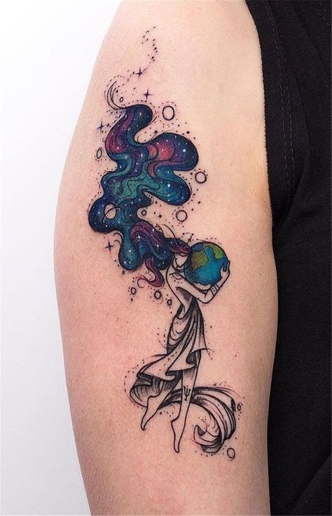 shoulder-tattoo-girl-holding-earth-in-her-hands-long-galaxy-hair-galaxy-tattoo-sleeve Gaia Tattoos For Women, Otherworldly Tattoo, Hip Tattoo Color, Tattoo Planets, Galaxy Tattoo Sleeve, Small Colorful Tattoos, Girl Shoulder Tattoos, Mother Nature Tattoos, Galaxy Tattoo