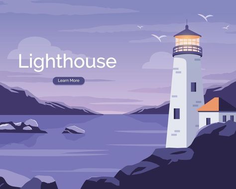 Lighthouse in ocean. Landscape Vector illustration of beautiful blue sea background mountains and lighthouse. Mountain And Sea Illustration, Landscape Vector Illustration, Ocean Illustration, Sea Background, Landscape Vector, Minimal Background, Sea Illustration, Digital India, Ocean Landscape