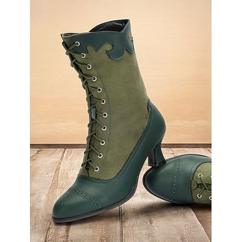 Category:Boots; Upper Materials:PU; Lining Materials:Synthetic Leather,Textile; Embellishment:Lace-up; Season:Spring,Summer,Fall,Winter; Heel Type:Stiletto; Shaft Circumference:12-14; Gender:Women's; Size Suggestion:standard size, select your usual size; Toe Shape:Round Toe; Type:Mid Calf Boots; Style:Vintage,Elegant; Outsole Materials:Rubber; Occasion:Party,Daily,Work; Closure Type:Lace-up; Pattern:Color Block; Listing Date:09/23/2024; Production mode:External produce; 2024 Trends:Retro,Suede Shoes; Size chart date source:Provided by Supplier.; Strap Type:Adjustable Strap; Heel Height(inch):2.36 Medieval Boots, 1920s Shoes, Steampunk Shoes, Victorian Shoes, Cheap Ankle Boots, Elegant High Heels, Victorian Vintage, Scalloped Trim, Vintage Boots