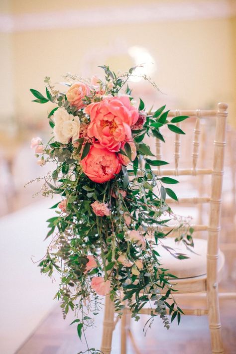 Coral Peony Flower Chair Back Decor | Timeless Wedding Assembly Rooms in Bath | M and J Photography. Wedding Cake Fall Colors, Coral Wedding Decorations, Coral Peonies, Afrikaanse Kunst, Peony Wedding, Coral Wedding, Coral Flowers, Ceremony Flowers, Wedding Flower Arrangements