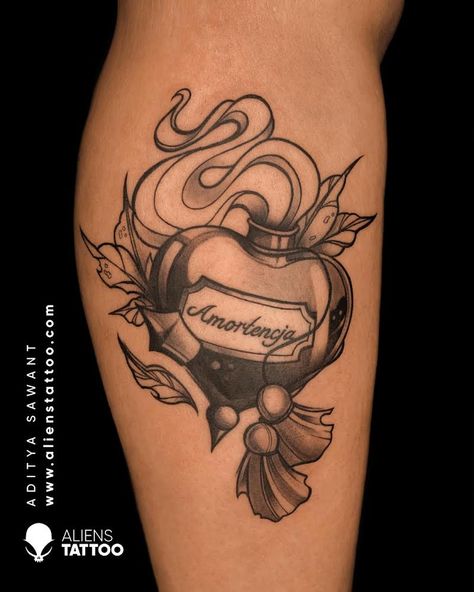 Neo Trad Harry Potter Tattoo, Heart Potion Bottle Tattoo, Witchtober 2023, Love Potion Tattoo, Heart Potion Bottle, Unique Heart Tattoos, Harry Potter Love Potion, Potion Tattoo, Fake Skin Tattoo