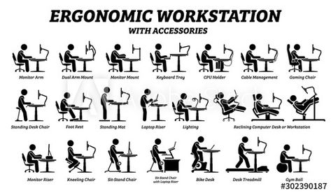 Stock Image: Ergonomic computer desk, workplace, and workstation. Stick figure pictogram icons depict ergonomic accessories for office work with good posture and support. Standing Desk Chair, Desktop Table, Kneeling Chair, Job Tips, Gym Ball, Computer Workstation, Office Workstations, Ergonomic Office, Good Posture