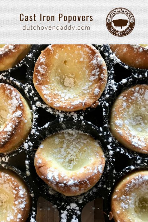 Cast Iron Popovers for breakfast is a slightly sweet treat that you can share with your family. #breakfast #castiron #baking #delicious #treat #sweet #dessert Iron Skillet Breakfast Recipes, Cast Iron Bread Recipes, Camp Oven Recipes, Iron Skillet Breakfast, Easy Cast Iron Recipes, Cast Iron Muffin Pan, Cast Iron Bread, Utah Food, Cast Iron Skillet Cooking