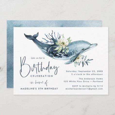 Dolphin Birthday Party, Dolphin Birthday Parties, Dolphin Birthday, Floral Birthday Party Invitations, Dolphin Party, Ocean Theme Birthday, Under The Sea Birthday Party, Floral Birthday Invitations, Floral Birthday Party