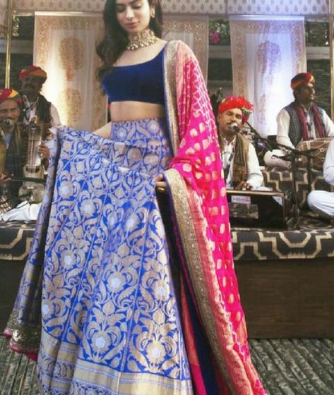 Silk Lehenga Designs, Brocade Lehenga, Mehendi Outfits, Indian Wedding Outfit, Lehenga Gown, Lehnga Dress, Bridal Lehenga Collection, Blue Lehenga, Indian Dresses Traditional