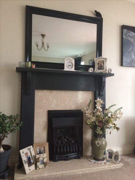 Chalk painted my fire surround and spray painted the fire from brass to black in a morning! Black Mantles Painted, Painted Wooden Fireplace Surround, Coal Fireplace Ideas, Upcycled Fireplace Surround, Black Fire Surround Ideas, Black Fire Surround, Fire Surround Makeover, Black Painted Mantle, Black Wood Fireplace Surround