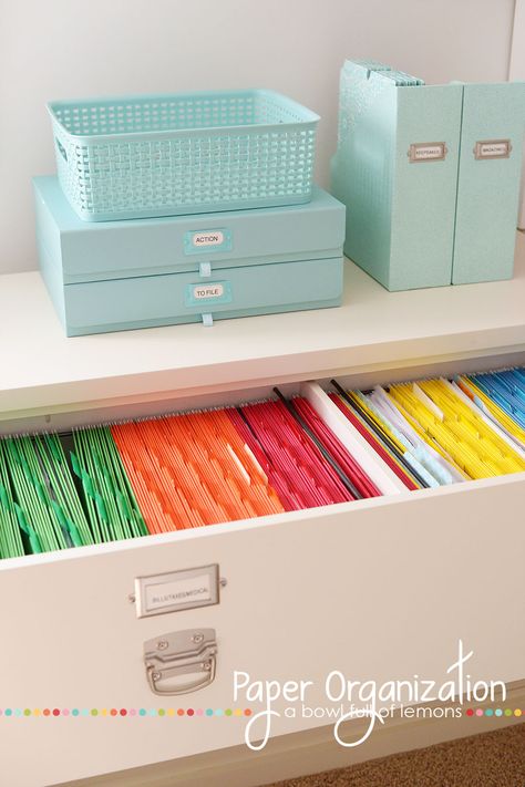 Manila file folders have nothing on this pristine color-coded set. Finding important papers barely requires reading labels — just a glance toward the right color to find exactly what you need fast. Organizing Paperwork, Paper Clutter, Organisation Hacks, Clutter Organization, Office Crafts, Home Management, Home Organisation, File Folders, Paper Organization