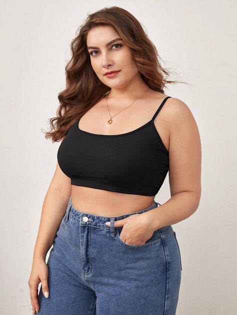 SHEIN BASICS Plus Solid Crop Cami Top Plus Size Tank Top Outfit, Camisole Outfit, Shein Shopping, Shein Basics, Tank Top Outfit, Plus Size Tank Top, Spaghetti Top, Crop Cami Top, Black Cami Top