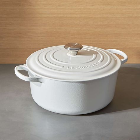 Le Creuset Signature 9-Qt. Round White Dutch Oven with Lid + Reviews | Crate and Barrel Spiced Wine Recipe, Spiced Wine, Enamel Cookware, Copper Cookware, Cast Iron Dutch Oven, Electric Stove, Enameled Cast Iron, White French, Cast Iron Cookware