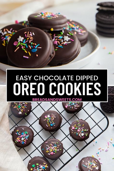 Chocolate dipped oreo cookies on a cooling rack and on a white plate. Oreo Ideas For Party, Oreo Party Favors, How To Chocolate Covered Oreos, Chocolate Covered Cookies Ideas, Choc Dipped Oreos, Easy Bake Sale Treats 3 Ingredients, Chocolate Covered Oreos Recipe, Cookies Using Oreos, Dipped Oreos Birthday