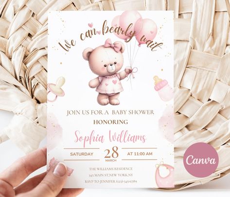 Editable Pink We Can Bearly Wait Baby Shower Invite, Pink Balloon Girl Teddy Bear theme , Bear Babyshower template instant download BSTBG04 by MimoToyShop on Etsy We Can Bearly Wait Girl Theme, Teddy Bear Baby Shower Invitations, Teddy Bear Theme, We Can Bearly Wait, Invitation Diy, Teddy Bear Girl, Bearly Wait, Canva Website, Bear Theme